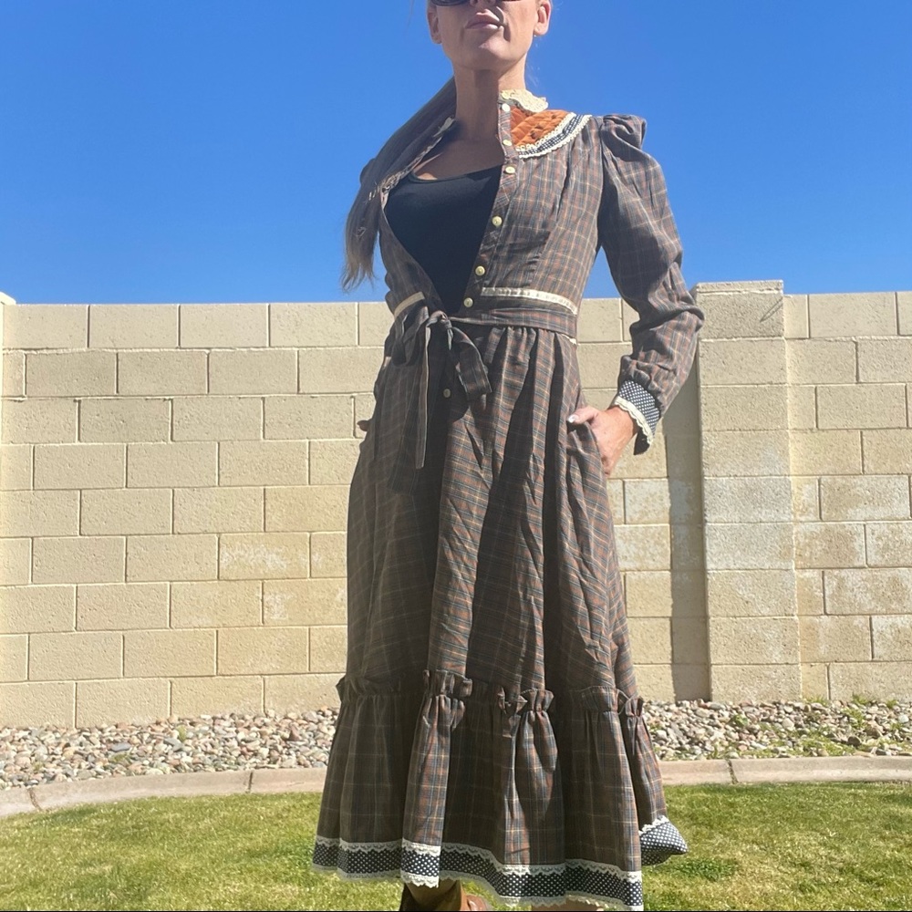 Gunne Sax by Jessica San Fran vintage plaid velvet trim RARE dress - Picture 8 of 10